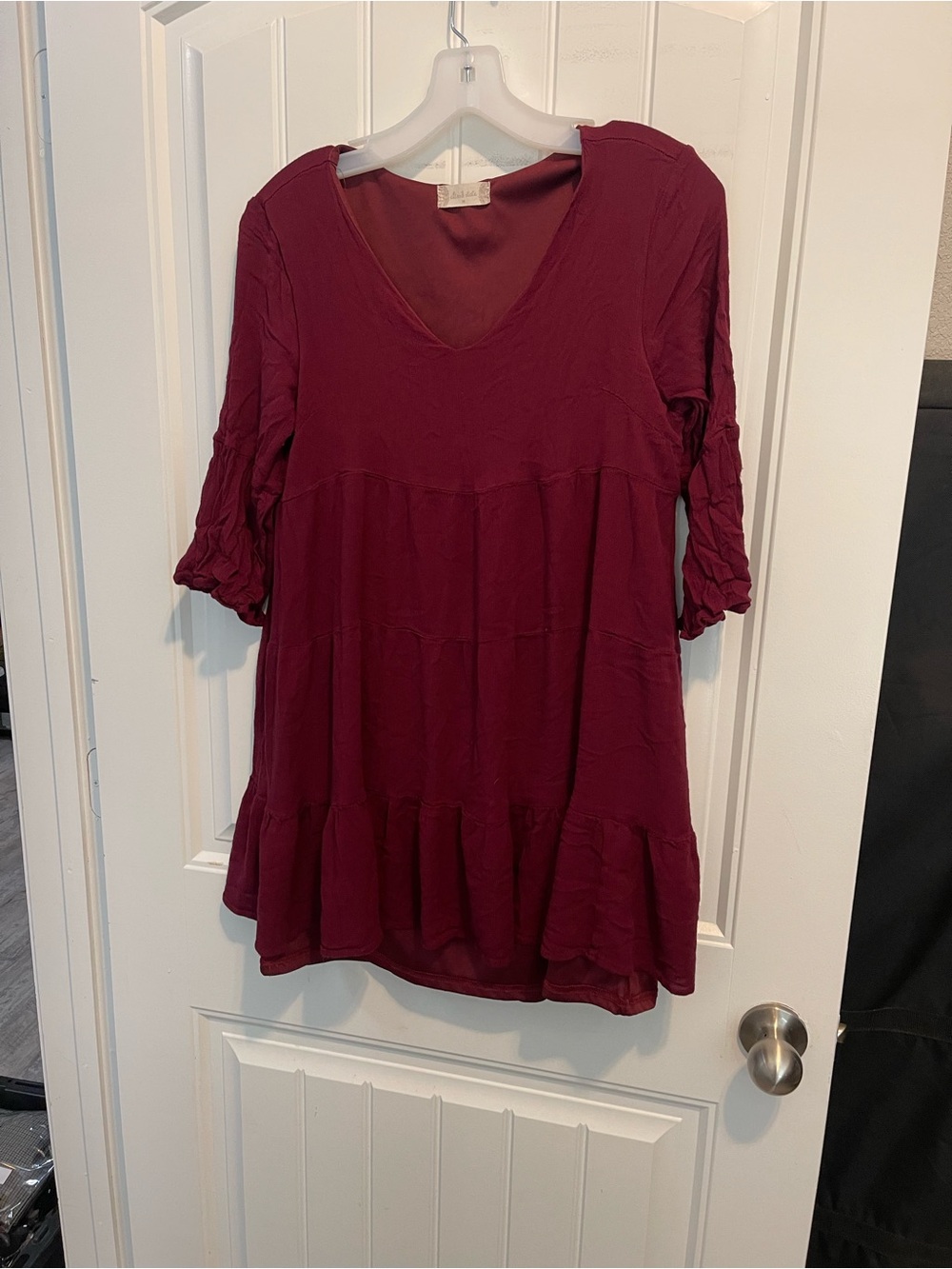 Altar'd State Deep Wine V-Neck Tiered Dress with Bell Sleeves